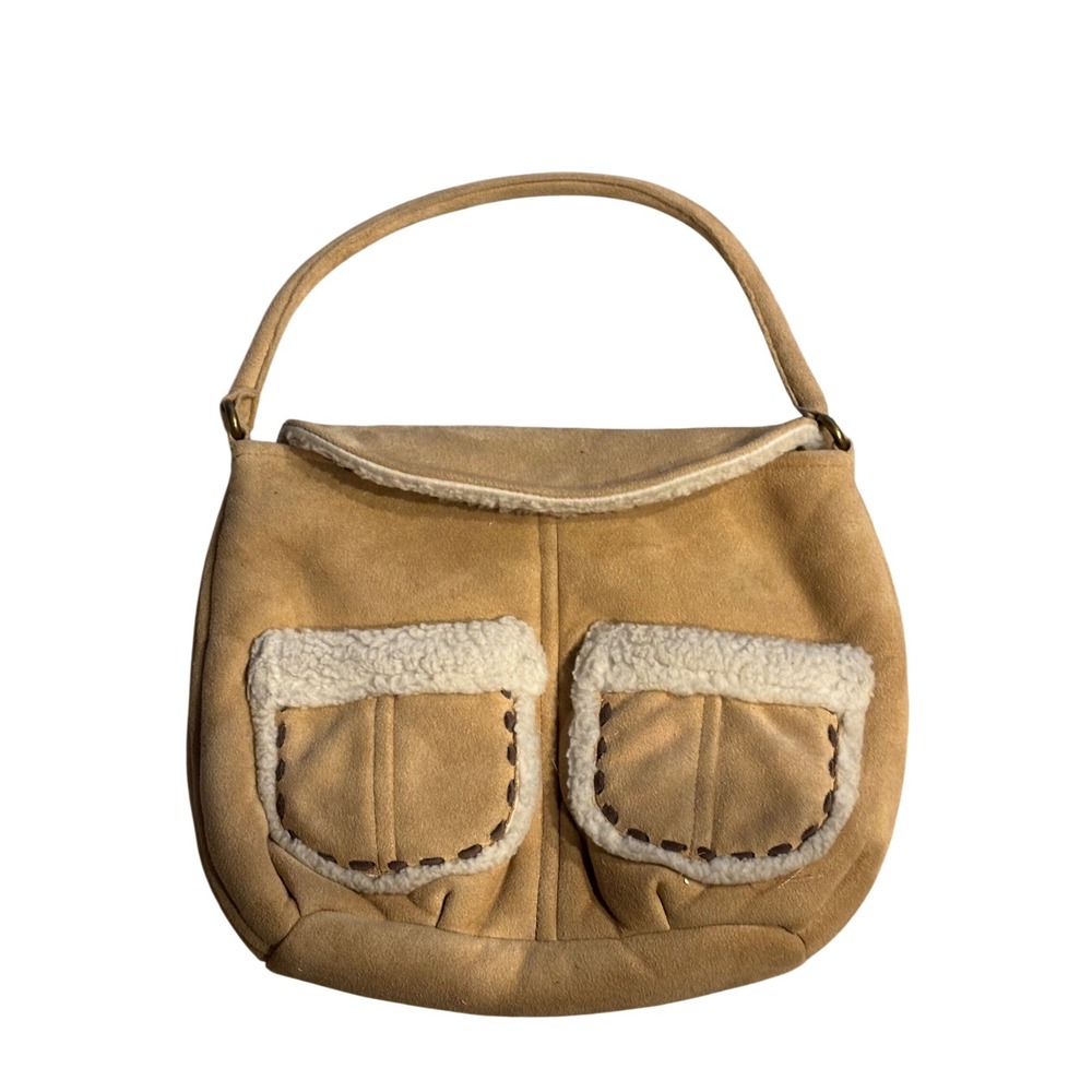 Gap Vintage Faux Suede Shearling Shoulder Bag Tan Whipstitch Hobo Pockets Y2k